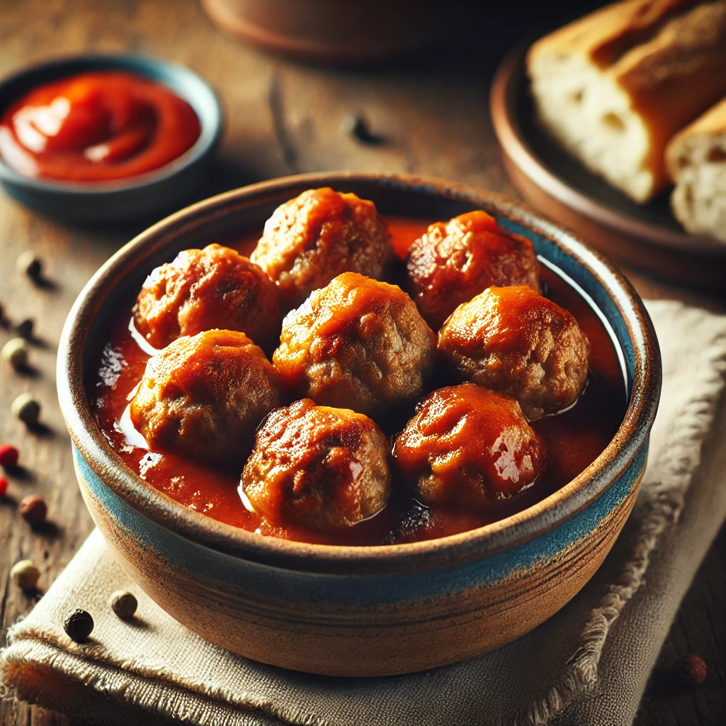 Acht spaanse gehaktballetjes, want AI kan niet tellen, in een kommetje met tomatensaus.